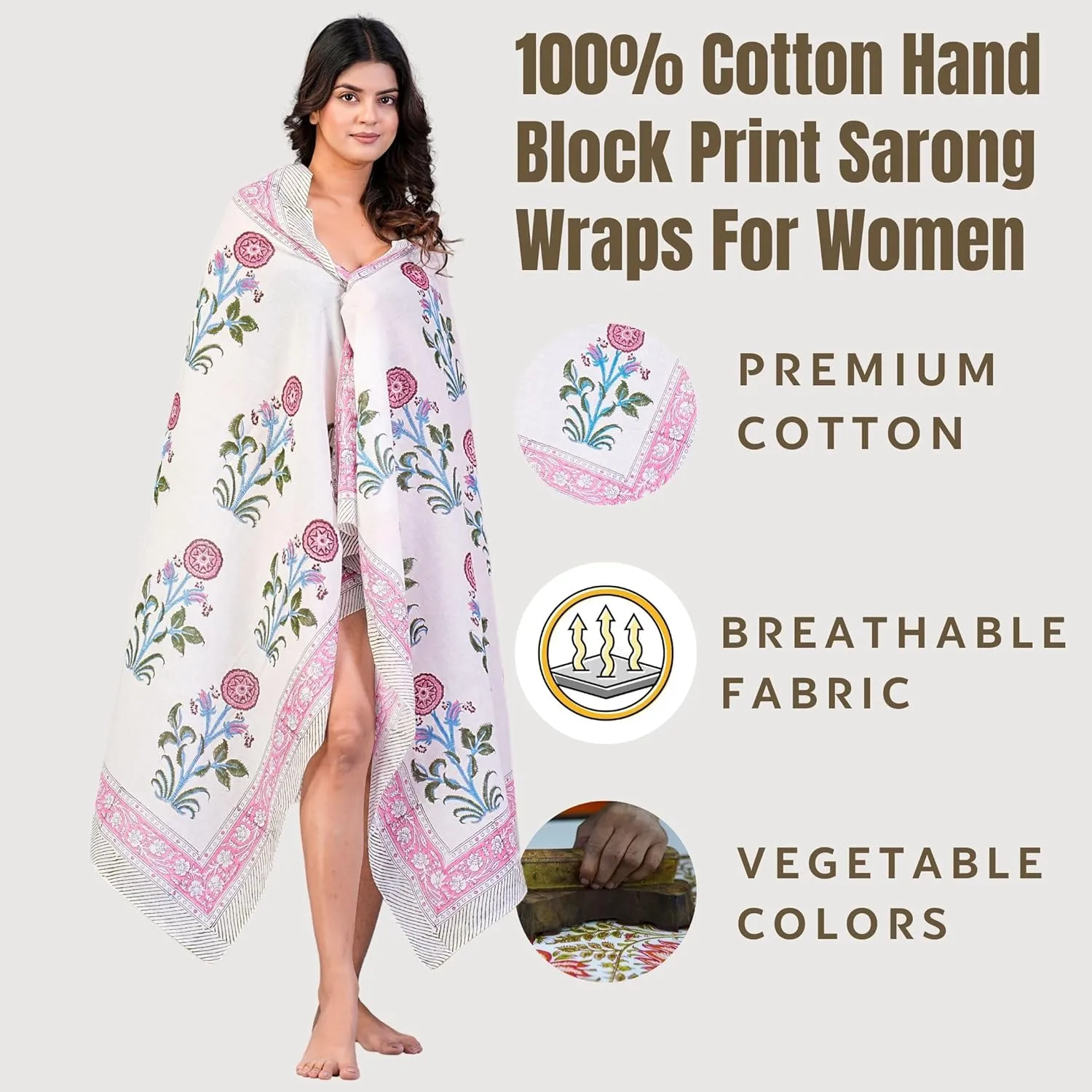 100% Cotton Bikini Sarong Wraps for Women, Indian Hand Block Swimsuit Cover Up Pareo for Beach/Pool/Resort 73x45