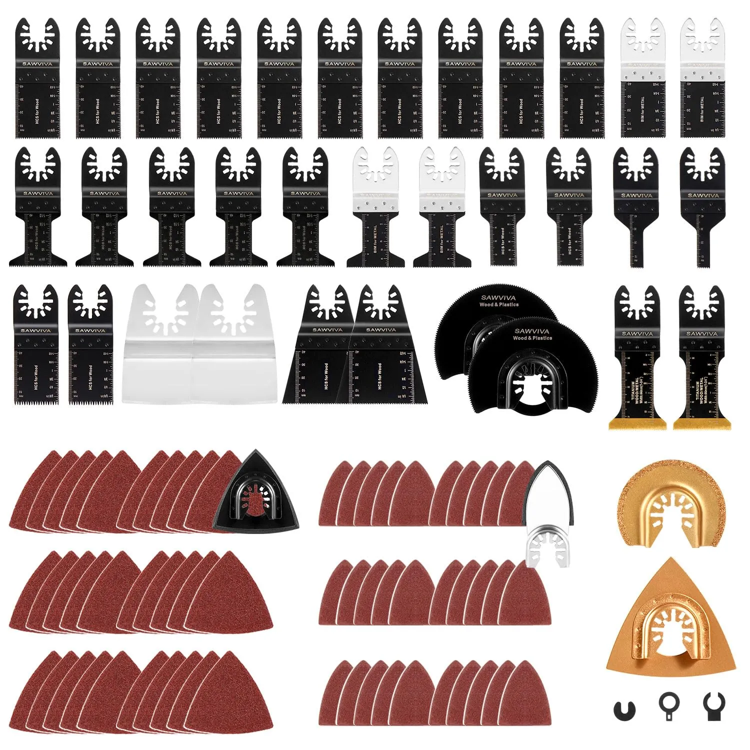 100 Pack Oscillating Saw Blades, Oscillating Tool Blades with Sandpaper, Durable Multitool Blades Kits for Cutting Wood, Metal, and Plastic with Quick Release
