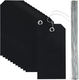 100Pcs Black Hanging Tags Waterproof Shipping Tags with Iron Wire Blank Rectangle 4.7 x 2.4 Inch Plastic PVC Eyelet Identification Labels Kit for Hanging Name Retail Card Handbag Luggage Gift
