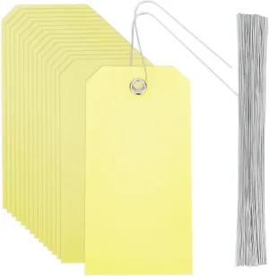 100Pcs Yellow Shipping Tags Blank Waterproof Plastic Tags 4.7 x 2.4 Inch Rectangle with Iron Wire PVC Eyelet Hang Identification Name Labeling Kit for Hanging Name Card Handbag Luggage Gift
