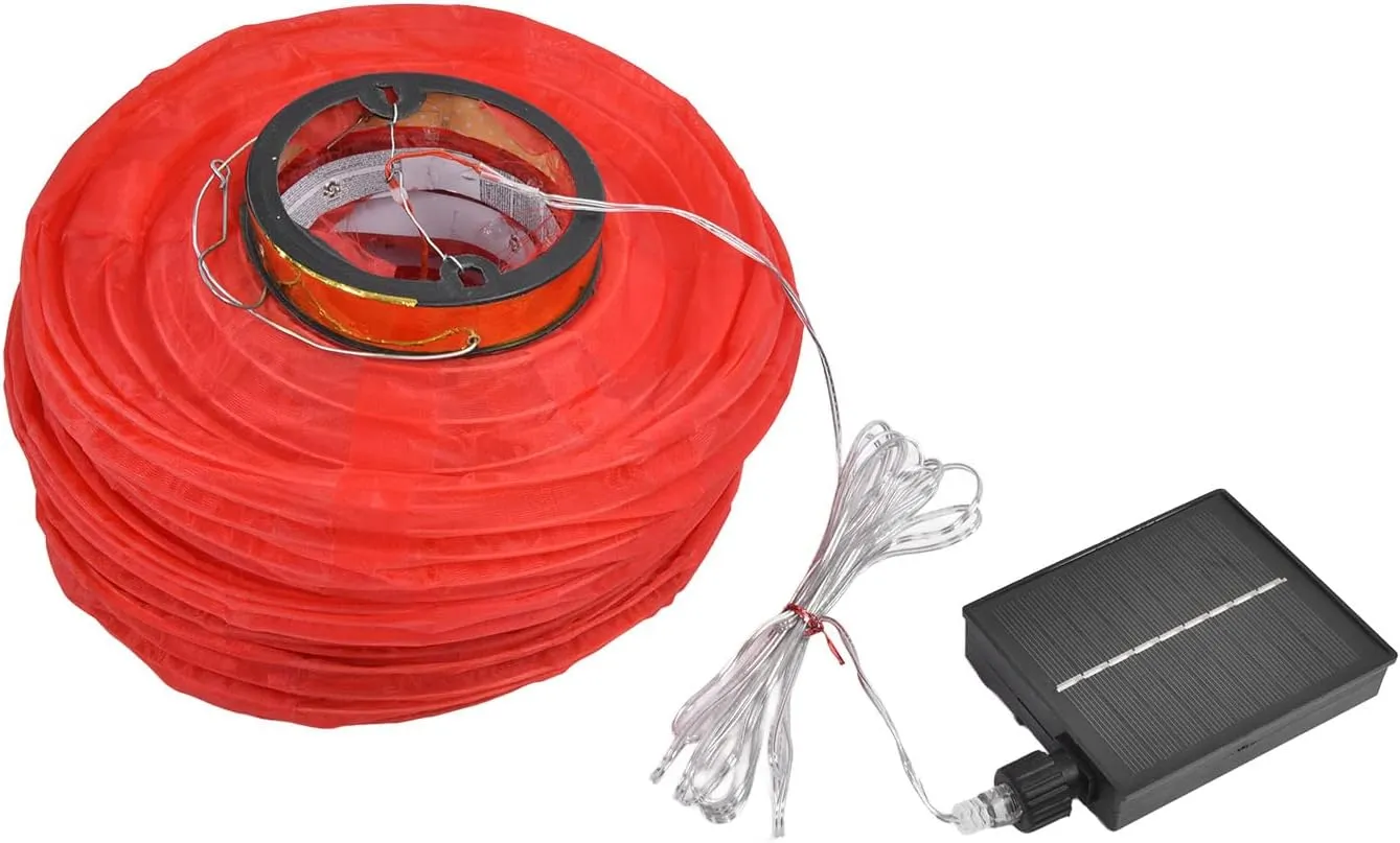 10in 5 String LED Solar Cloth Lantern, Outdoor Chinese Decorative Lamp, Red Cloth Material with Built in 2400MAH Battery, Long Lasting Warm LED Light for Villas, Gard