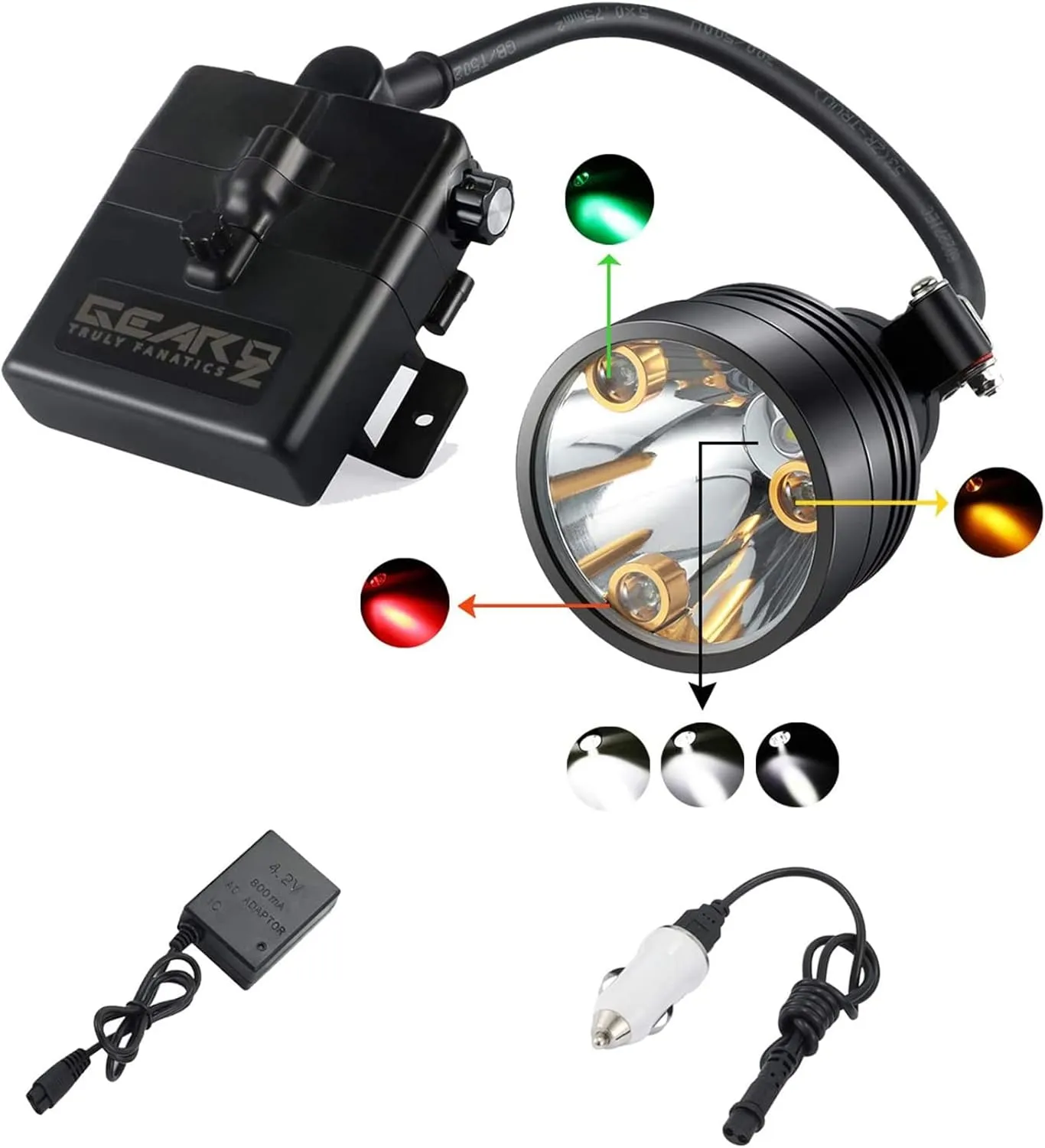10W Coon Hunting Lights, 15000LUX Hunting Headlamp for Coyotes Hog Predators, Rechargeable & Waterproof, 6 Lighting Modes, 4 Powerful LEDs (White Red Green Amber) for Night Working