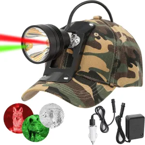 10W LED Coyote Hog Coon Hunting Lights, Rechargeable Hunter Headlamp, Waterproof 15000LUX Super Bright LED Predator Hunter Head Light & 3 Colors (White Red Green), 7 Position Switch