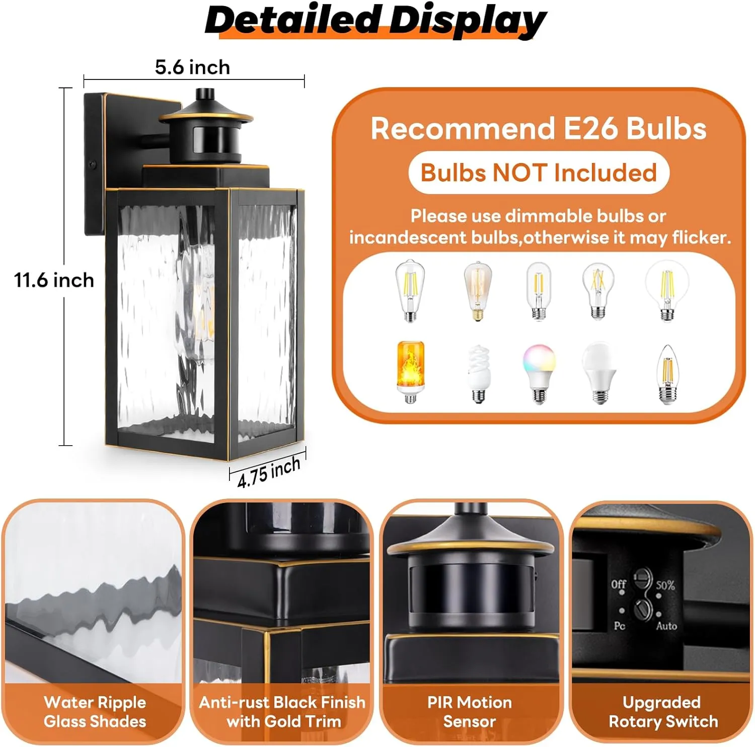 11.6" Motion Sensor Outdoor Wall Lights, Waterproof Exterior Lighting Fixtures with Water-Rippled Glass, Bronze Modern Outside Wall Sconce Lanterns for House, Porch, Garage, Patio, Bulbs Not Included