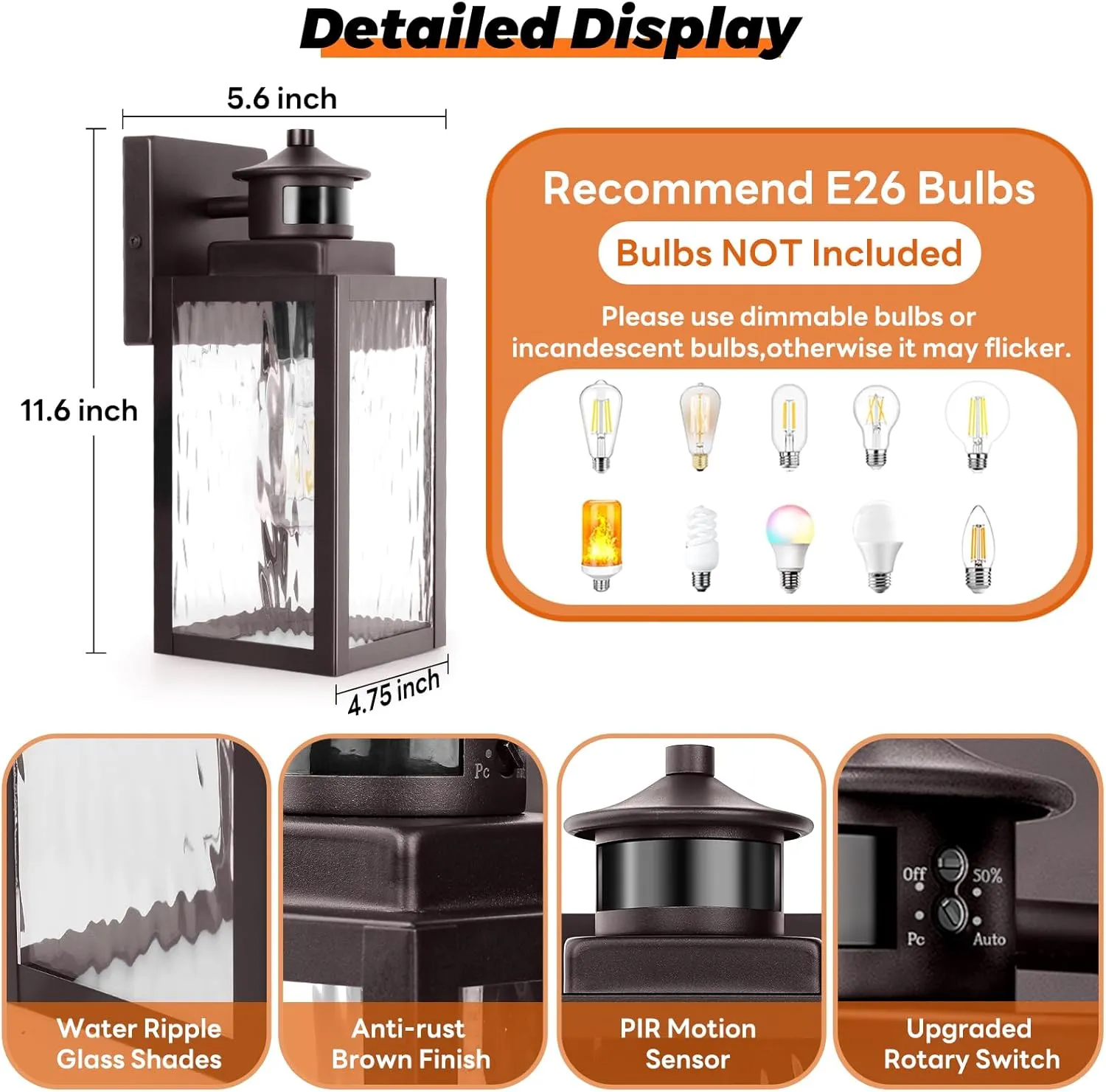 11.6" Motion Sensor Outdoor Wall Lights, Waterproof Exterior Lighting Fixtures with Water-Rippled Glass, Brown Modern Outside Wall Sconce Lanterns for House, Porch, Garage, Patio, Bulbs Not Included