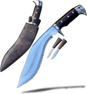 12 Inches Long Blade Hand-Forged Survival Saw Edge Kukri – Carbon Steel Blade, Full Tang Rosewood Handle, Includes Karda & Chakmak, Leather Scabbard-Real working khukuri knife-Machete