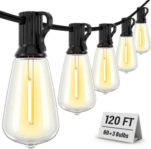 120FT Outdoor String Lights Waterproof, 2700K LED Patio String Lights with 60 3 Shatterproof Vintage Bulbs, Hanging Lights with Plug in Cord for Porch, Backyard, Garden, Gazebo