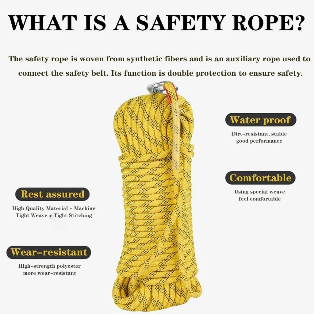 12mm Safety Rope-10~200m Premium Lifeline Rope, Safety Harness Rope Hiking Safety Escape Rope, Rescue Parachute (Color : Yellow, Size : 12mm x 15m)