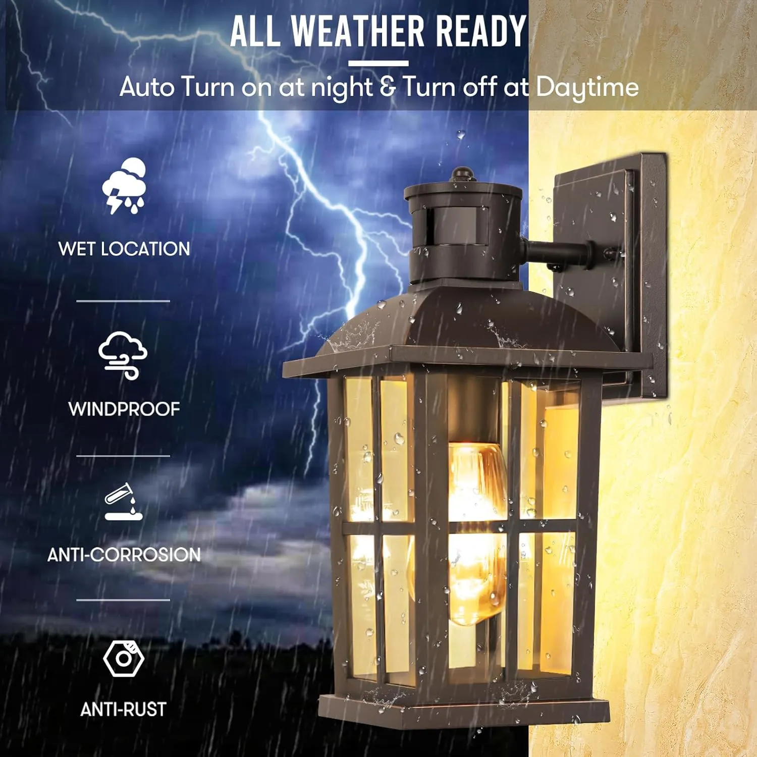 13in Motion Sensor Porch Light, Anti-Rust 100% Aluminum Dusk to Dawn Outdoor Light Fixtures, Exterior Wall Lantern Sconce Lighting Brown, Outside Lights for House Wall Mount for Entryway Garage