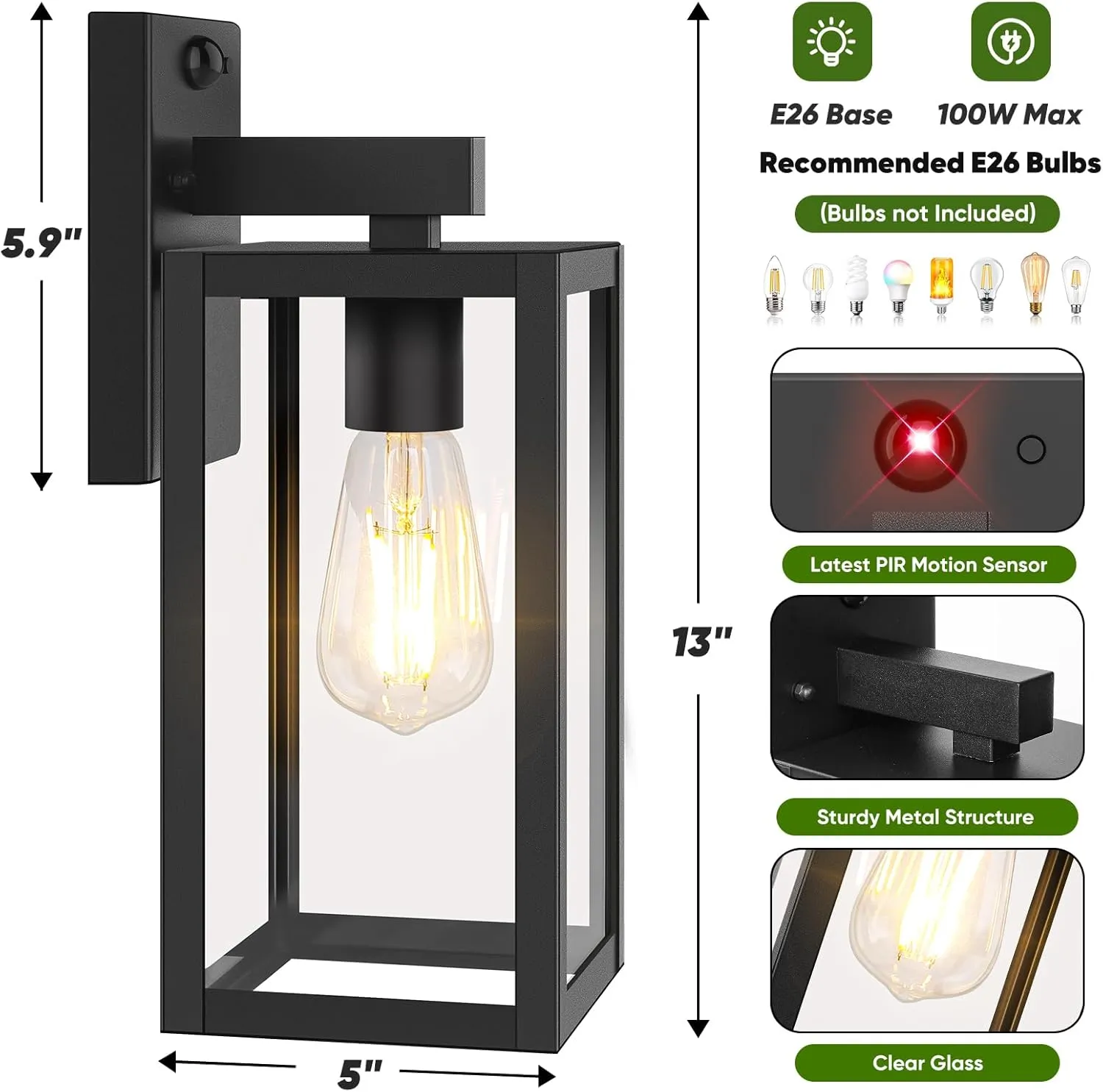 13" Upgraded Motion Sensor Outdoor Wall Lights, 2-Pack Dusk to Dawn Porch Lights Outdoor Wall Sconce Lanterns, 3 Lighting Modes Exterior Lighting Fixtures, Black Outside Lights for House Patio Garage