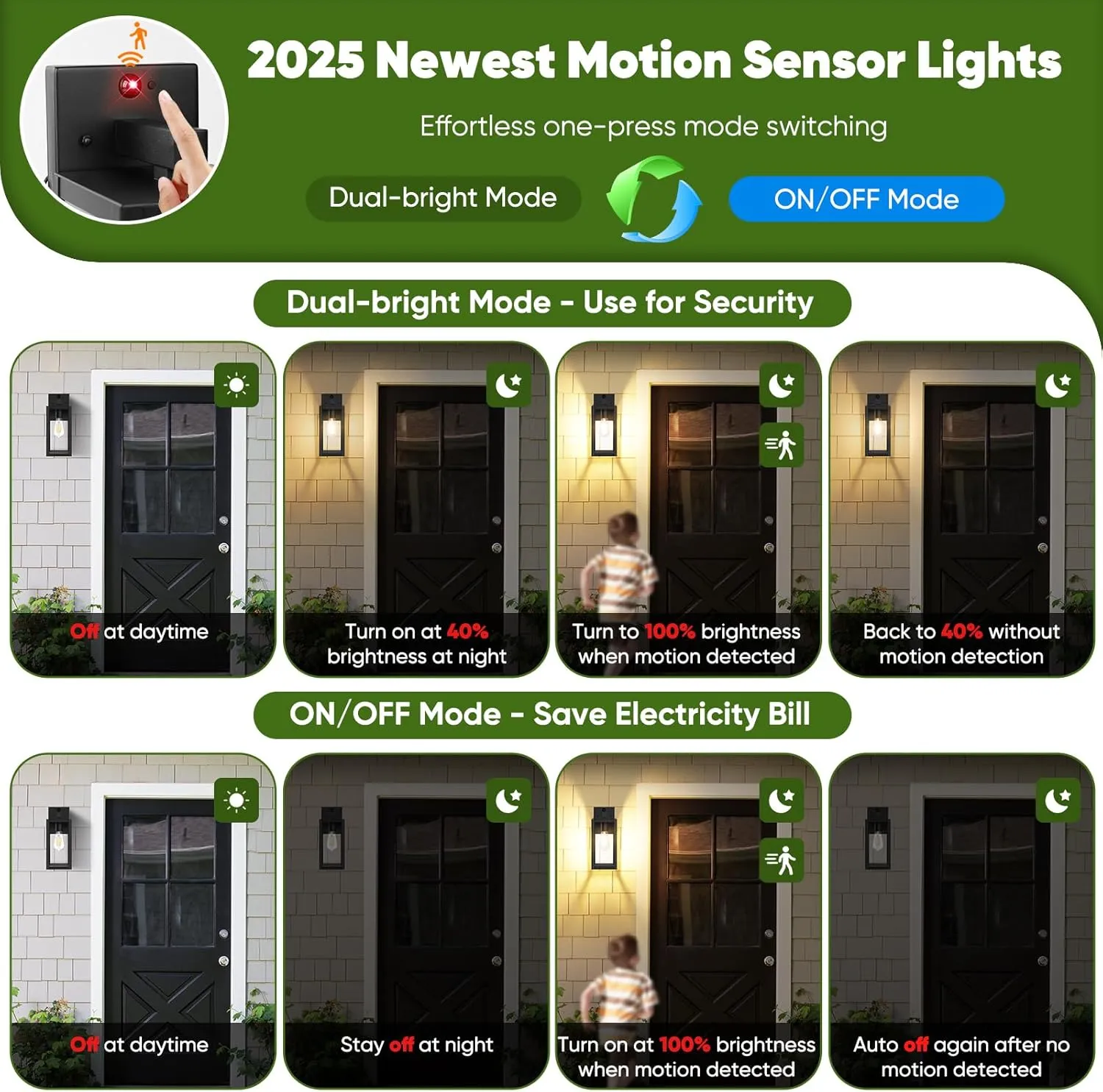 13" Upgraded Motion Sensor Outdoor Wall Lights, 2-Pack Dusk to Dawn Porch Lights Outdoor Wall Sconce Lanterns, 3 Lighting Modes Exterior Lighting Fixtures, Black Outside Lights for House Patio Garage