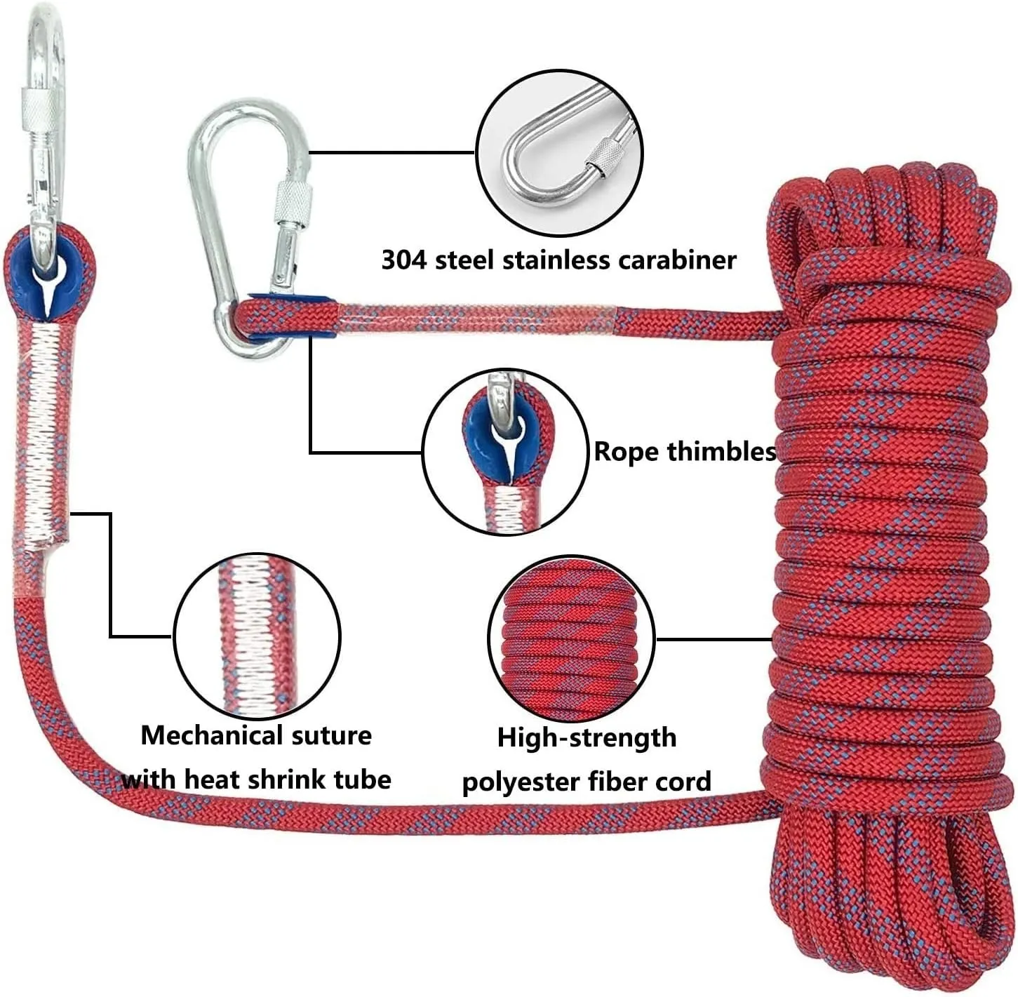 14mm Outdoor Climbing Rope 10M 32ft 15M 49ft 20M 65ft 30M 98ft Static Rock Climbing Rope for Escape Rope Ice Climbing Equipment Fire Safety Rescue Rope with Steel Hooks