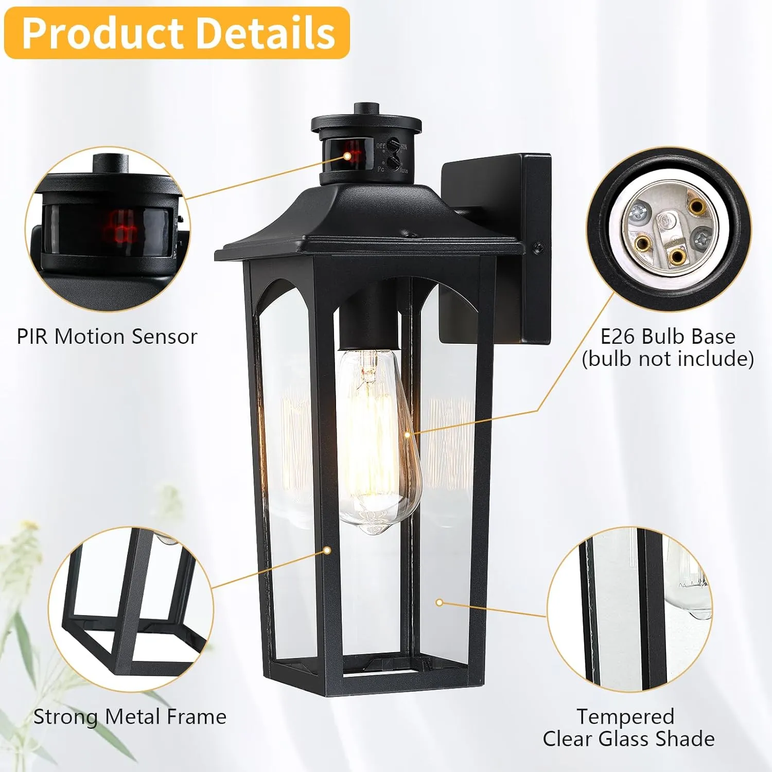 14" Motion Sensor Outdoor Wall Light,Sand Black Dusk to Dawn Exterior Wall Mount Outside Lighting,Industrial Anti-Rust Lantern Porch Light for Doorway,Garage,Yard,Patio,BD065-1-BK-GY