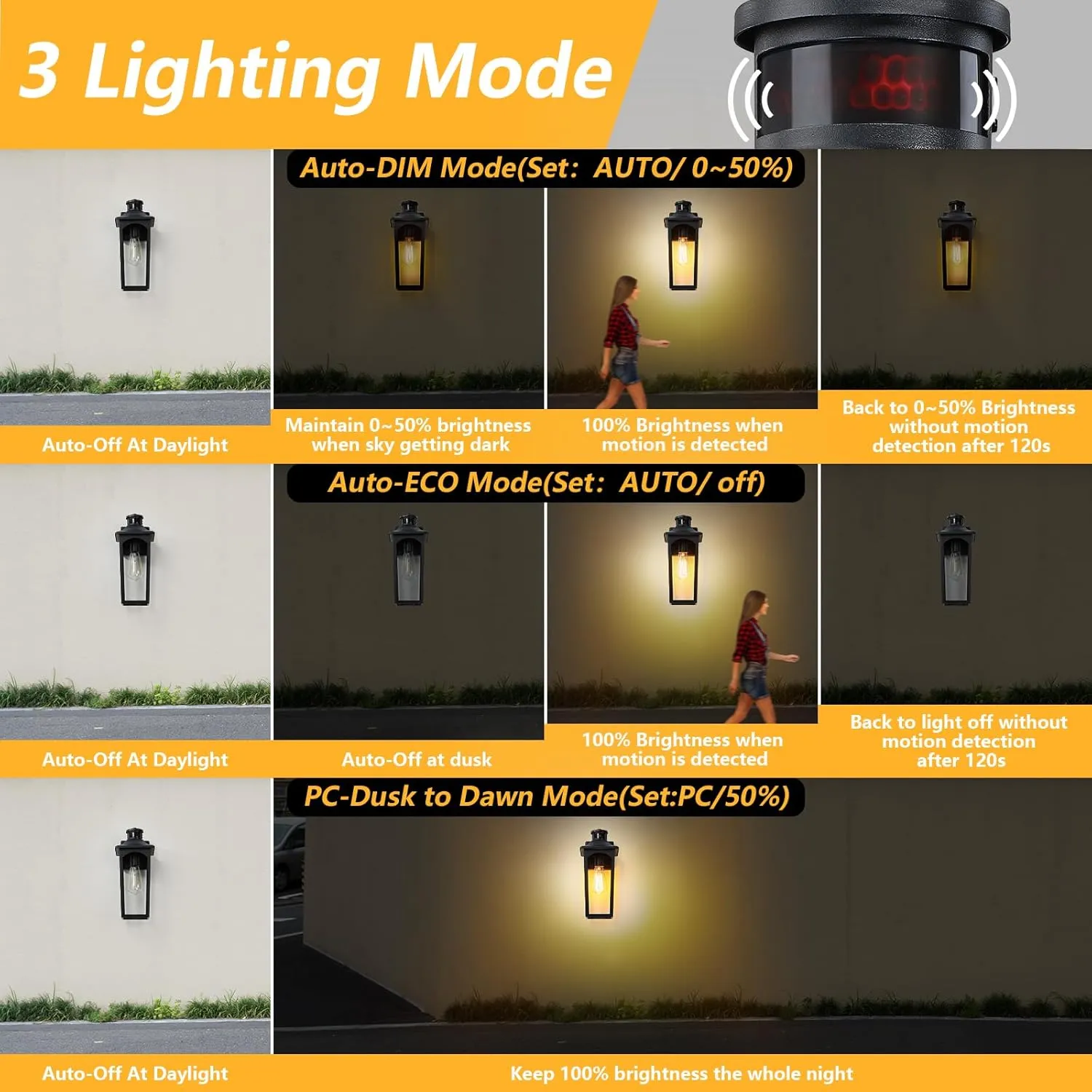 14" Motion Sensor Outdoor Wall Light,Sand Black Dusk to Dawn Exterior Wall Mount Outside Lighting,Industrial Anti-Rust Lantern Porch Light for Doorway,Garage,Yard,Patio,BD065-1-BK-GY