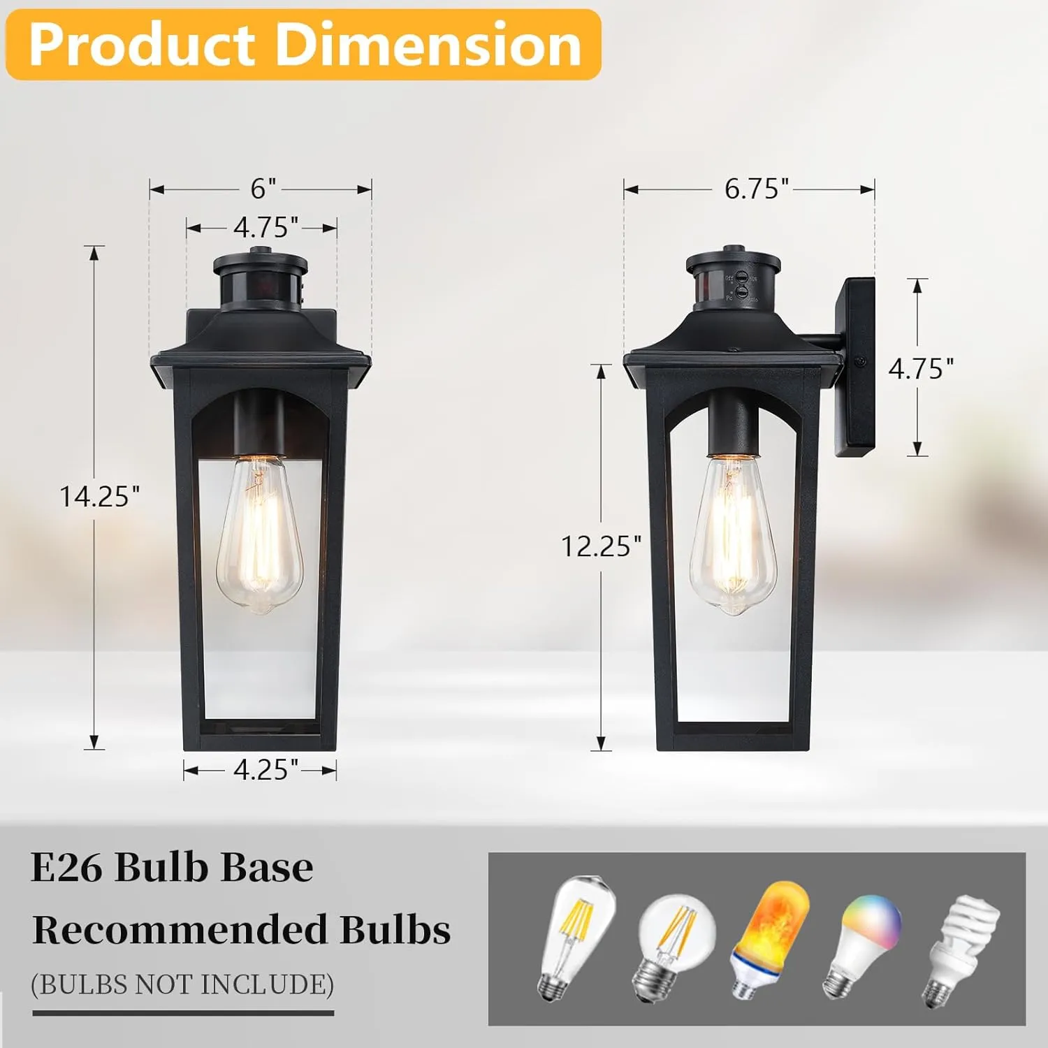 14" Motion Sensor Outdoor Wall Light,Sand Black Dusk to Dawn Exterior Wall Mount Outside Lighting,Industrial Anti-Rust Lantern Porch Light for Doorway,Garage,Yard,Patio,BD065-1-BK-GY