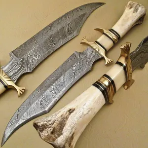 15" Handmade Damascus Steel Hunting Knife, Hand Forged Damascus Steel Fixed Blade Bowie Knife, Fix, Genuine Leather Sheath, Camel Bone Handle Firm Grip (White)