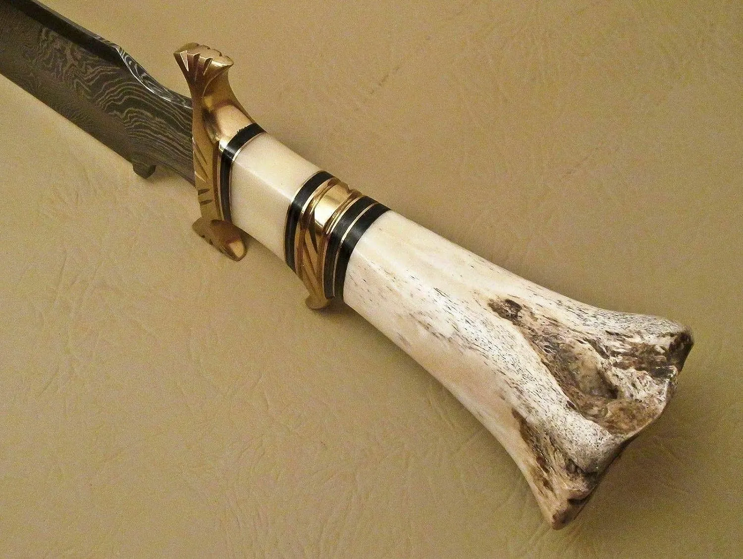 15" Handmade Damascus Steel Hunting Knife, Hand Forged Damascus Steel Fixed Blade Bowie Knife, Fix, Genuine Leather Sheath, Camel Bone Handle Firm Grip (White)