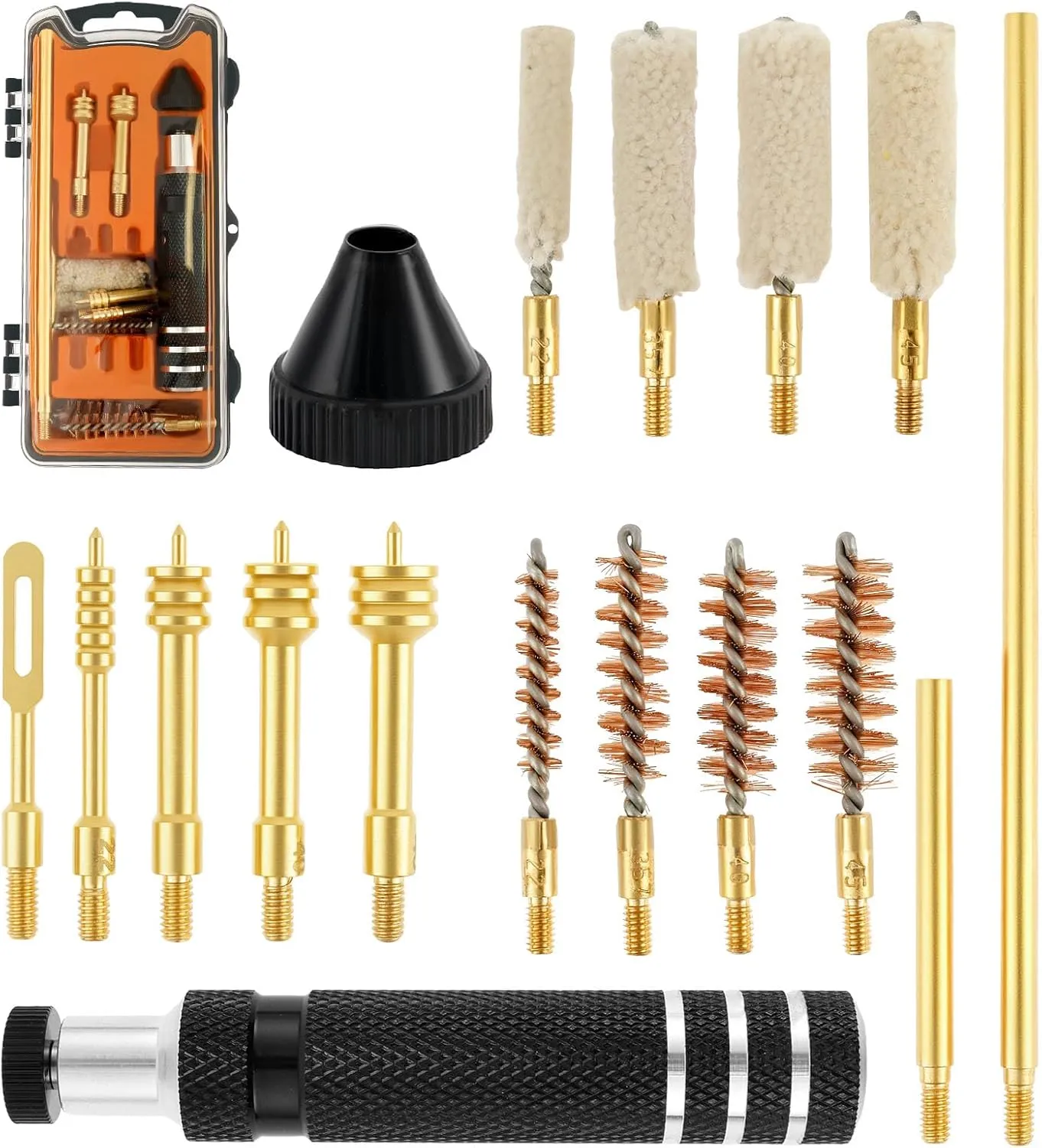 17 Pcs Caliber Cleaning Kit Cleaning Tool Set Reusable Brush Cleaner Tool Kit Compact Portable Brush Cleaning Kit with Cotton Brush Brass Brush for 22/357/40/45 Caliber
