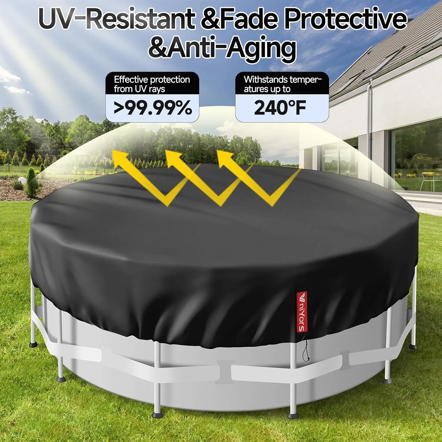 18 Ft Round Pool Cover, Heavy Duty Tear Resistant Pool Covers for Above Ground Pools, Waterproof Dustproof UV Protection Pool Solar Cover with Drawstring and Ground Nails
