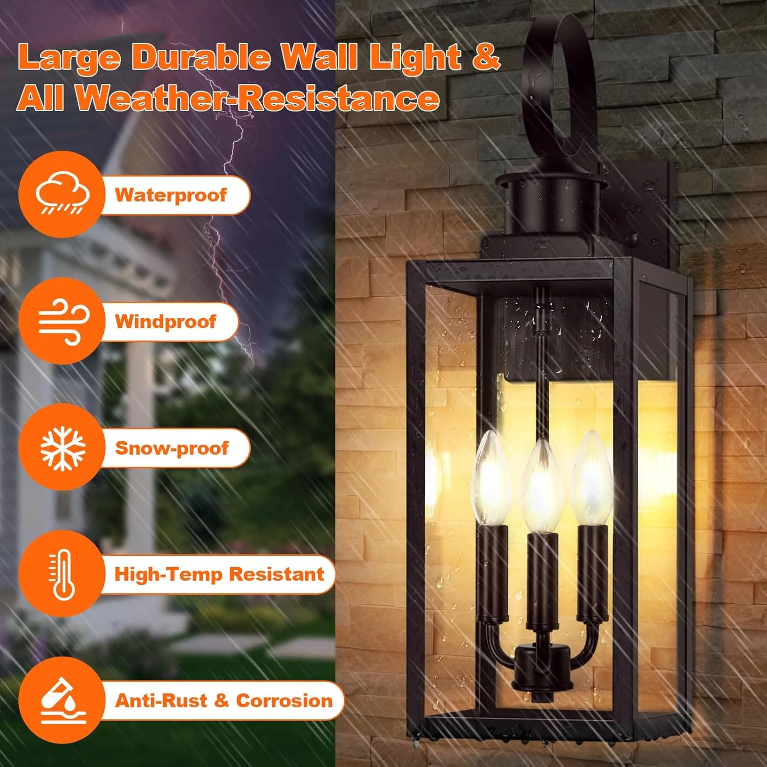 19" Large Outdoor Wall Lights, 3-Light Brown Waterproof Exterior Wall Light Fixtures with Clear Glass Shades, Farmhouse Outdoor Wall Sconces Lantern for House, Porch, Patio, Garage, Front Door, 1-Pack