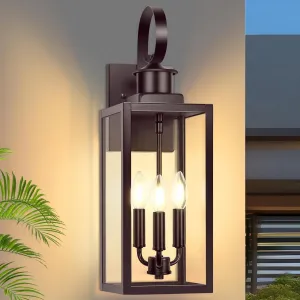 19" Large Outdoor Wall Lights, 3-Light Brown Waterproof Exterior Wall Light Fixtures with Clear Glass Shades, Farmhouse Outdoor Wall Sconces Lantern for House, Porch, Patio, Garage, Front Door, 1-Pack