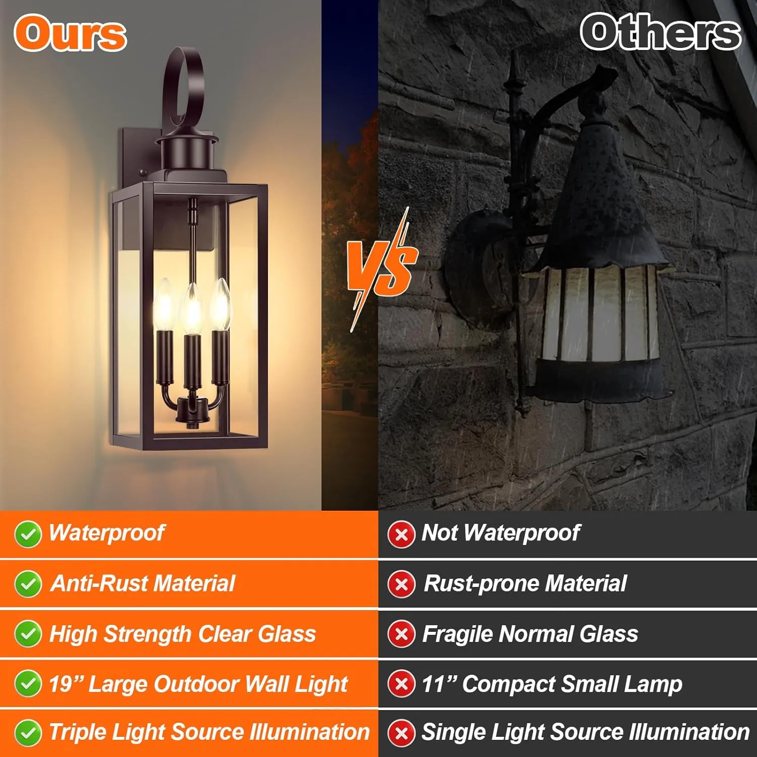 19" Large Outdoor Wall Lights, 3-Light Brown Waterproof Exterior Wall Light Fixtures with Clear Glass Shades, Farmhouse Outdoor Wall Sconces Lantern for House, Porch, Patio, Garage, Front Door, 1-Pack