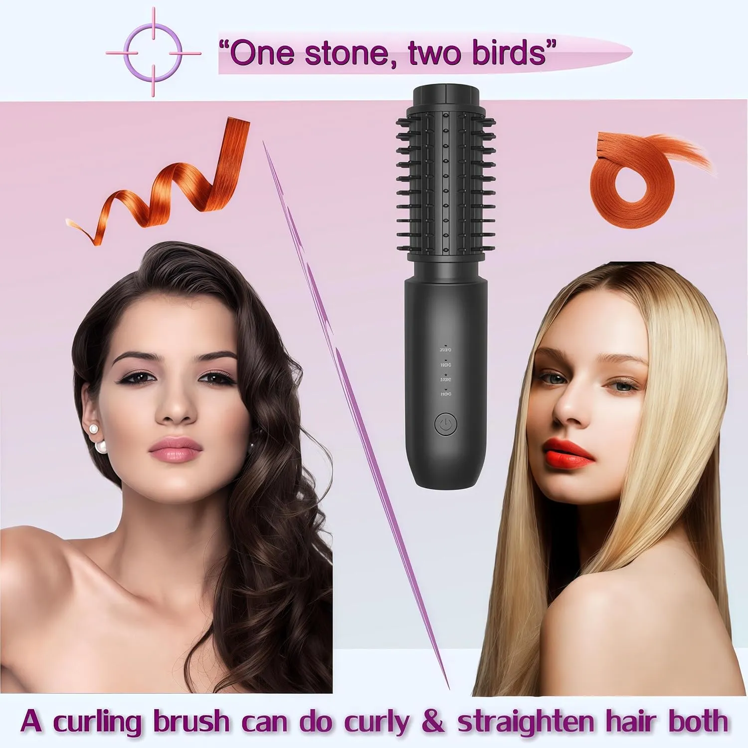 2-in-1 Cordless Curling Iron & Straightener Brush,Heated Hair Styler with Needle Teeth Comb,USB-C Rechargeable,4 Temp,200M Ionic for Curls/Straightening/Smoothing (Women & Travel) (Black)