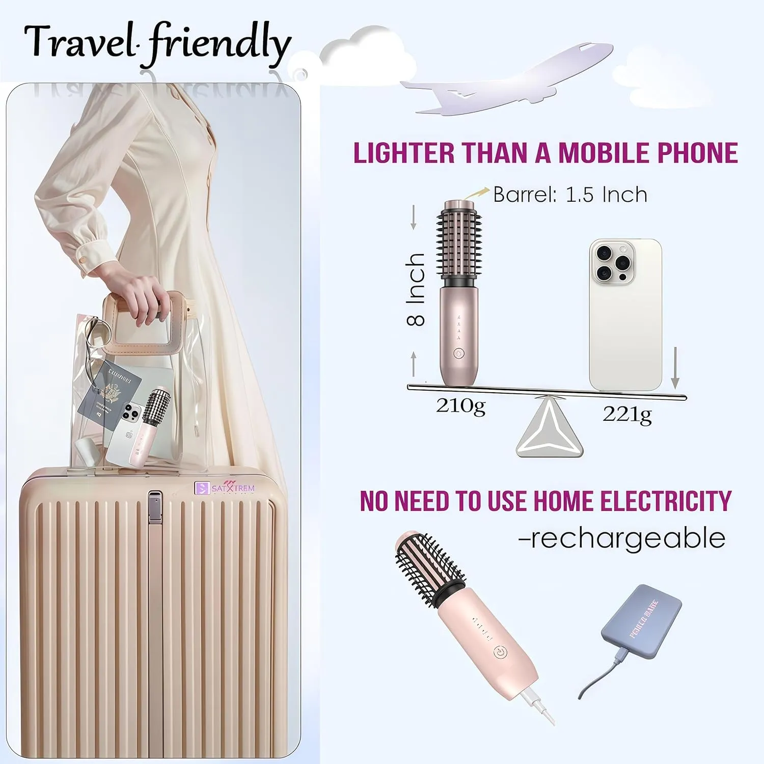 2-in-1 Cordless Curling Iron & Straightener Brush,Heated Hair Styler with Needle Teeth Comb,USB-C Rechargeable,4 Temp,200M Ionic for Curls/Straightening/Smoothing (Women & Travel) (Black)