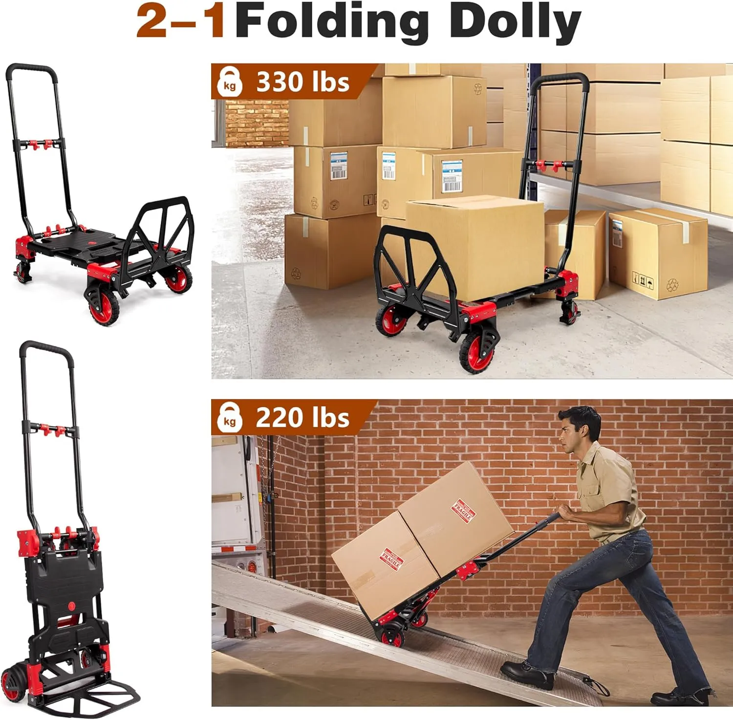 2 in 1 Folding Hand Truck Dolly with Basket,330LBS Capacity Hand Cart Foldable,Hand Truck Foldable with Retractable Handle,Folding Dolly Cart with Wheels for Moving