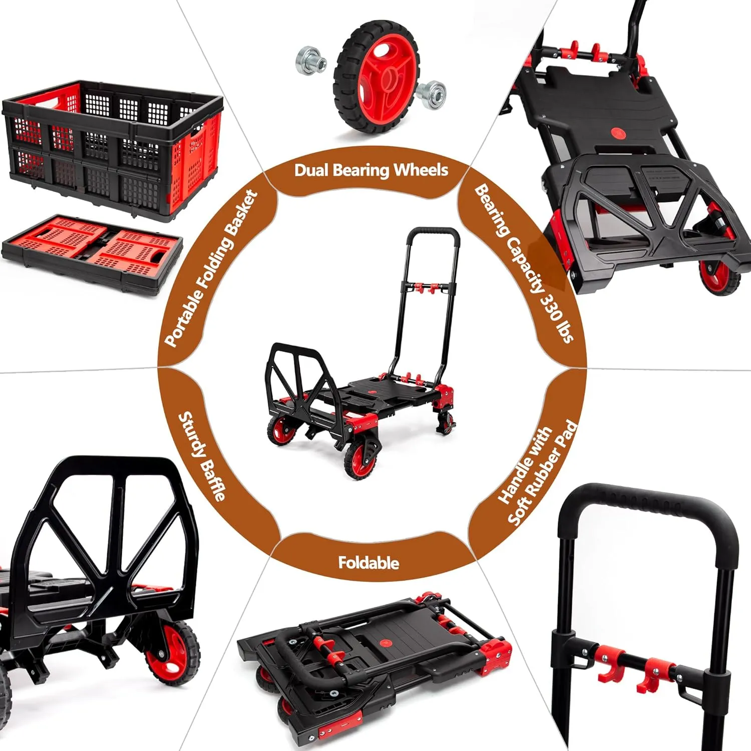 2 in 1 Folding Hand Truck Dolly with Basket,330LBS Capacity Hand Cart Foldable,Hand Truck Foldable with Retractable Handle,Folding Dolly Cart with Wheels for Moving