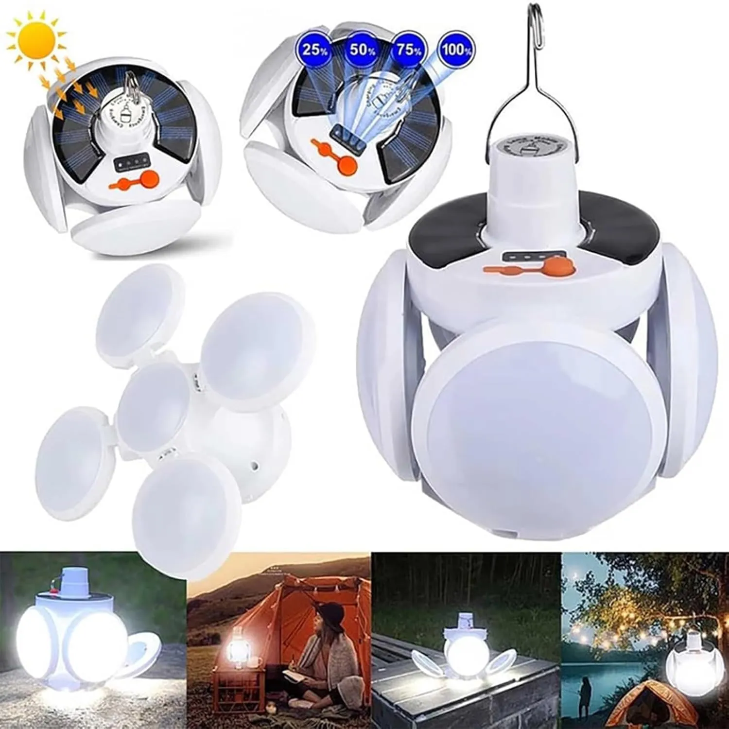 2 in 1 Folding Solar Lamp with Remote Control,Portable Football Camping Lights,Foldable LED Lantern with Hook,5-Gear Adjustament Outdoor Solar Power and USB Charging Battery Tent Light Bulb