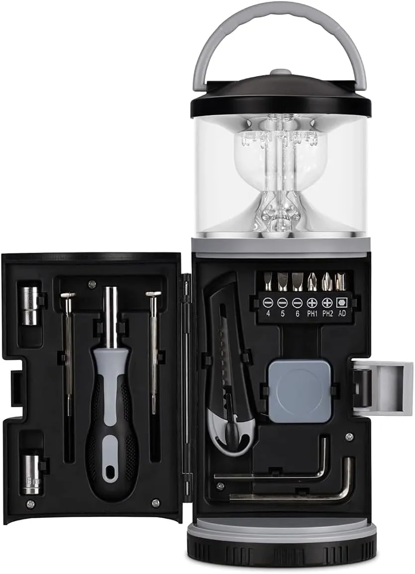 2 in 1 LED Lantern with Tool Kit, Screwdriver Set 15 PCS Tool Household Outdoor Emergency Light, Fishing Tool Kit for Men Dad Husband, Portable Lamp for Camping, Fishing, Hiking