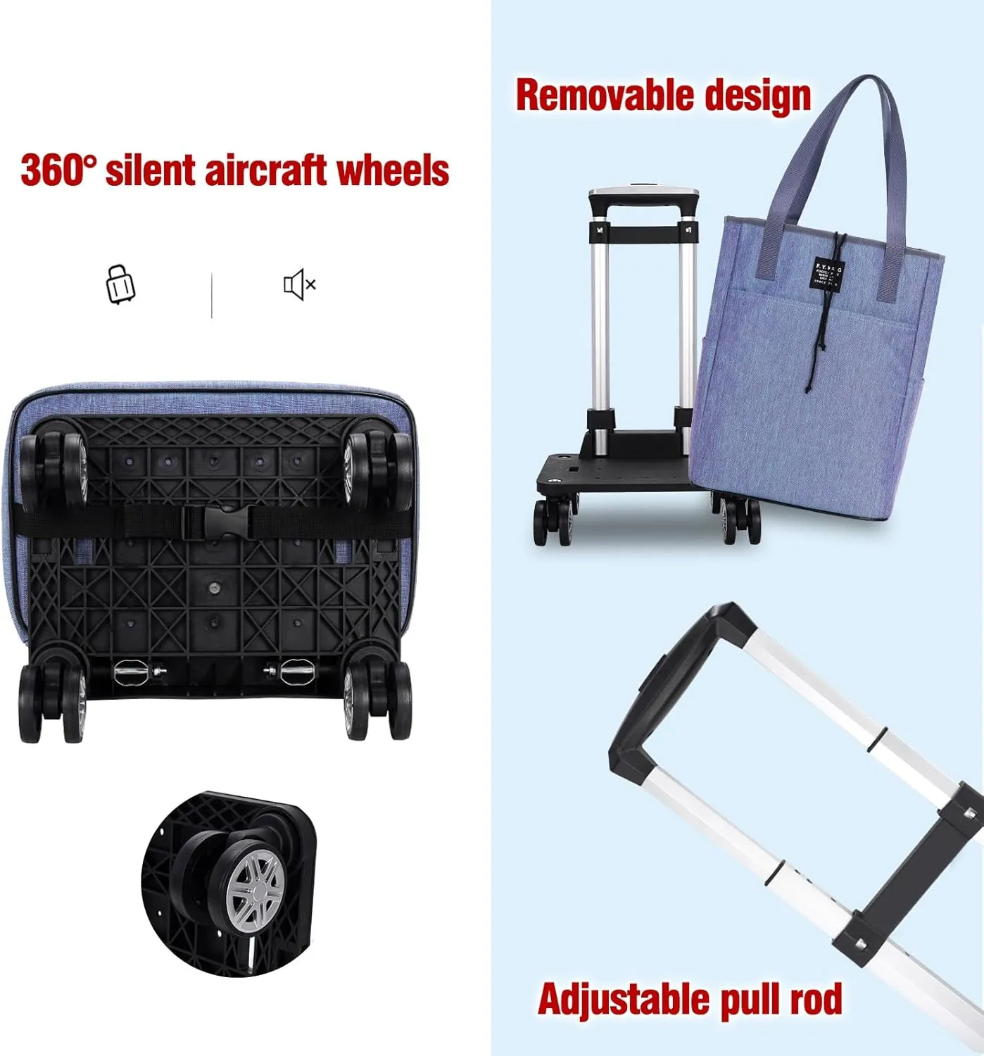 2 in 1 Lightweight Collapsible Shopping Cart, Rolling Utility Cart, 360° Universal Wheel, Cart for Travel Bag for Home, Kitchen(Blue)