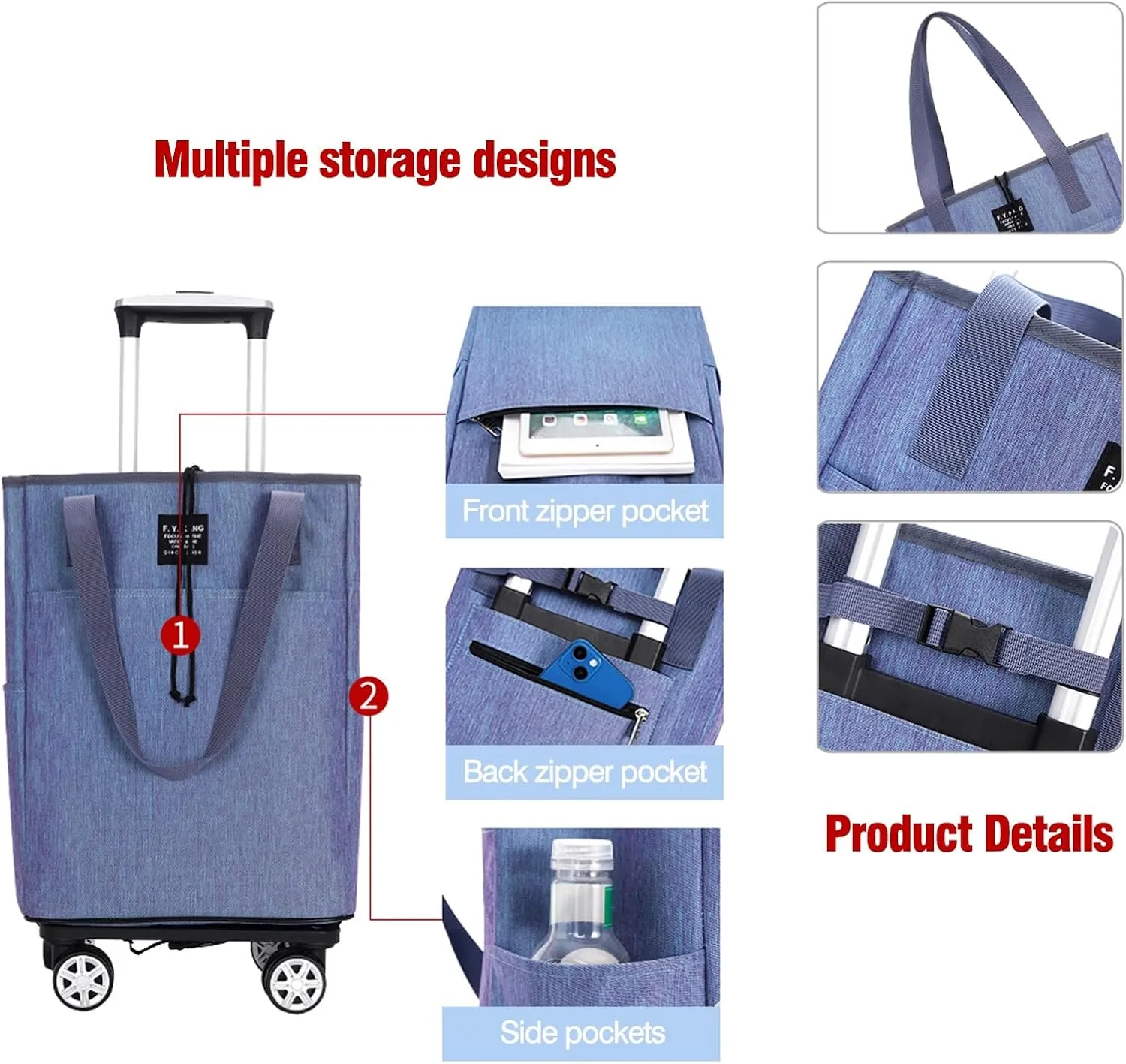 2 in 1 Lightweight Collapsible Shopping Cart, Rolling Utility Cart, 360° Universal Wheel, Cart for Travel Bag for Home, Kitchen(Blue)