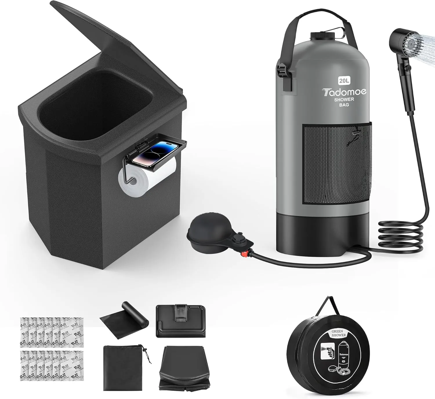 2-in-1 Portable Shower and Folding Toilet for Camping – 5-Gallon Shower Kit with Eco-friendly Foot Pump & 3 Spray Modes, Heavy-Duty Folding Toilet with 440 lbs Load Capacity, Perfect for Outdoor Adven
