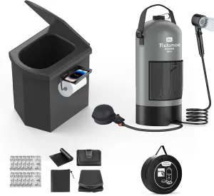 2-in-1 Portable Shower and Folding Toilet for Camping – 5-Gallon Shower Kit with Eco-friendly Foot Pump & 3 Spray Modes, Heavy-Duty Folding Toilet with 440 lbs Load Capacity, Perfect for Outdoor Adven