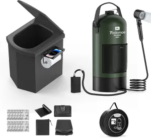 2-in-1 Portable Shower and Folding Toilet for Camping – 5-Gallon Shower Kit with Rechargeable Pump & 3 Spray Modes, Heavy-Duty Folding Toilet with 440 lbs Load Capacity, Perfect for Outdoor Adventures