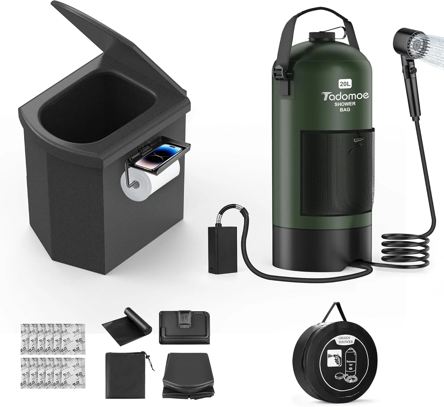 2-in-1 Portable Shower and Folding Toilet for Camping – 5-Gallon Shower Kit with Rechargeable Pump & 3 Spray Modes, Heavy-Duty Folding Toilet with 440 lbs Load Capacity, Perfect for Outdoor Adventures