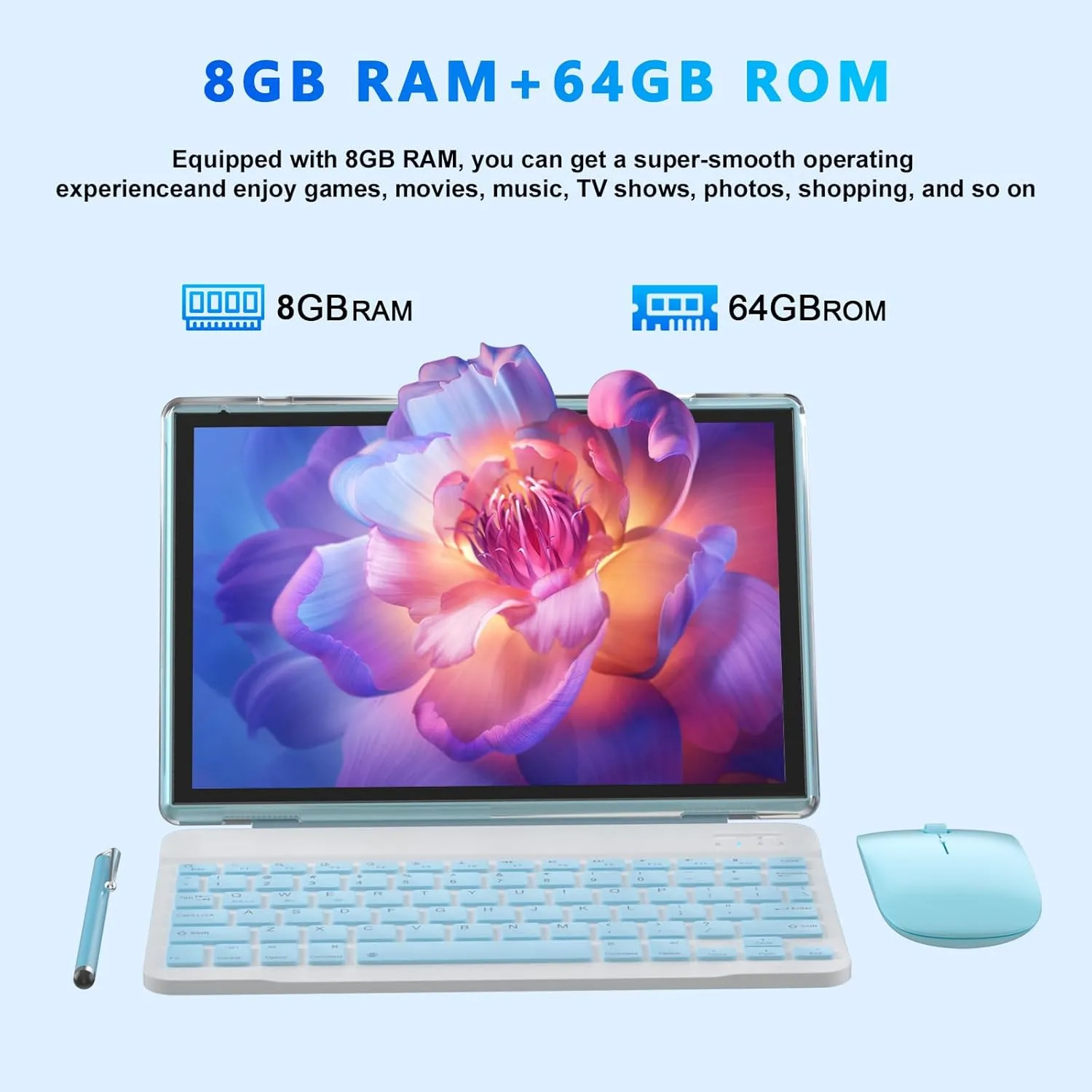 2 in 1 Tablet 10 Inch Android 14 OS Tableta, Tablets with Keyboard, Mouse, Case, Stylus, 64GB ROM 8GB RAM, 2MP 8MP Dual Camera, Quad Core Processor, 6000mAh Battery, 10.1 in FHD Tab Blue