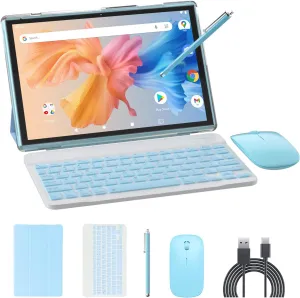 2 in 1 Tablet 10 Inch Android 14 OS Tableta, Tablets with Keyboard, Mouse, Case, Stylus, 64GB ROM 8GB RAM, 2MP 8MP Dual Camera, Quad Core Processor, 6000mAh Battery, 10.1 in FHD Tab Blue