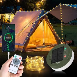 2 in 1 Warm White Solar Camping Light, 39.4ft 120 LEDs String Light RGB with Remote Control, Rechargeable, Waterproof for Outdoor Camping and Hiking