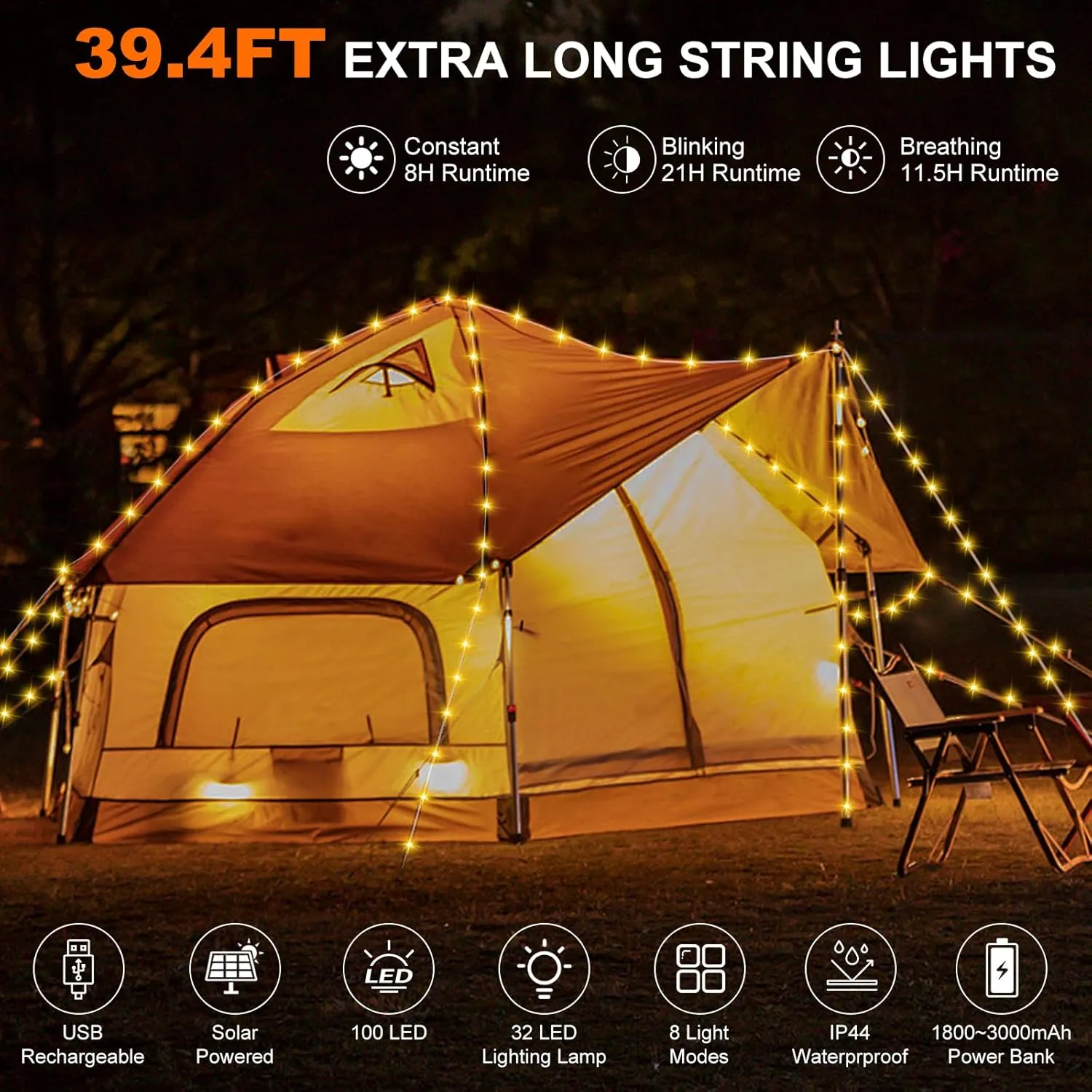 2 in 1 Warm White Solar Camping Light, 39.4ft 120 LEDs String Light RGB with Remote Control, Rechargeable, Waterproof for Outdoor Camping and Hiking