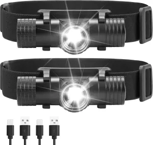 2 Pack 2200 mAh USB-C Rechargeable Dual Power Headlamp with Twist Focus Beam and Magnetic Base Manual & Gesture Sensing Control-Black