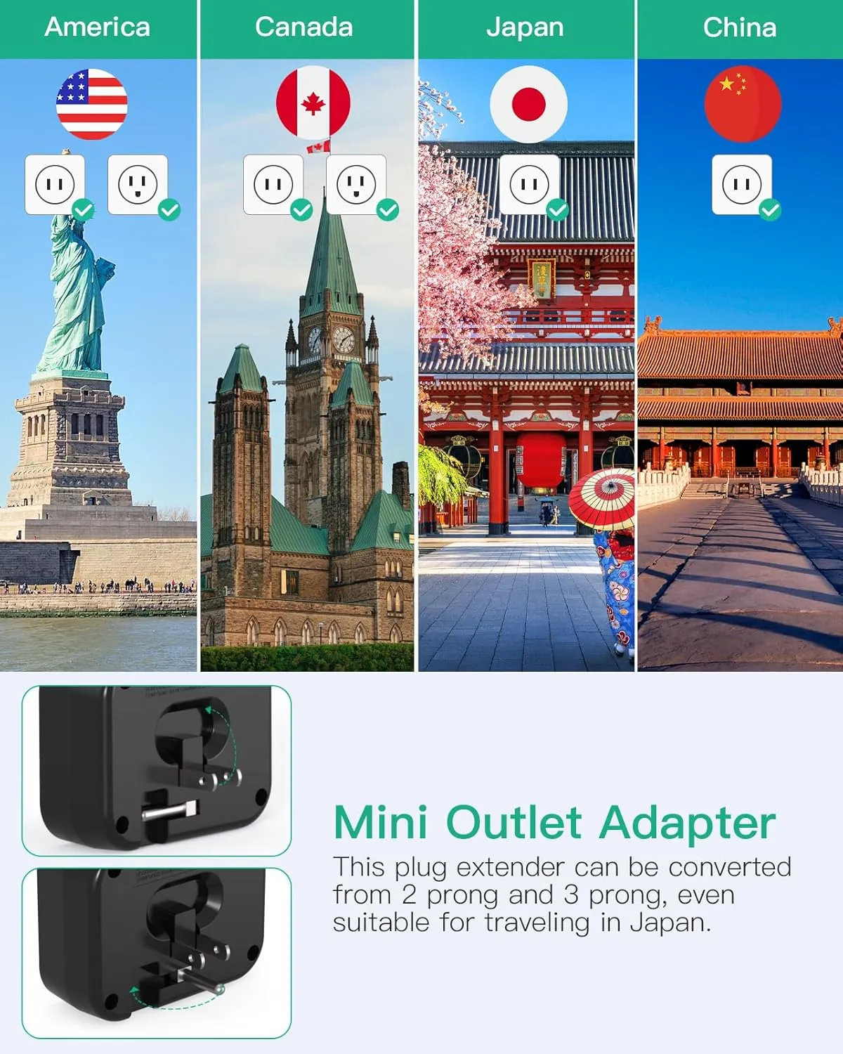 2 PACK Cruise Ship Essentials, Cruise Power Strip with Foldable Plug, Travel Essentials with USB C, Outlet Extender No Surge Protector, Multi Plug Wall Outlet, Outlet Adapter Japan Plug Adapter, Black