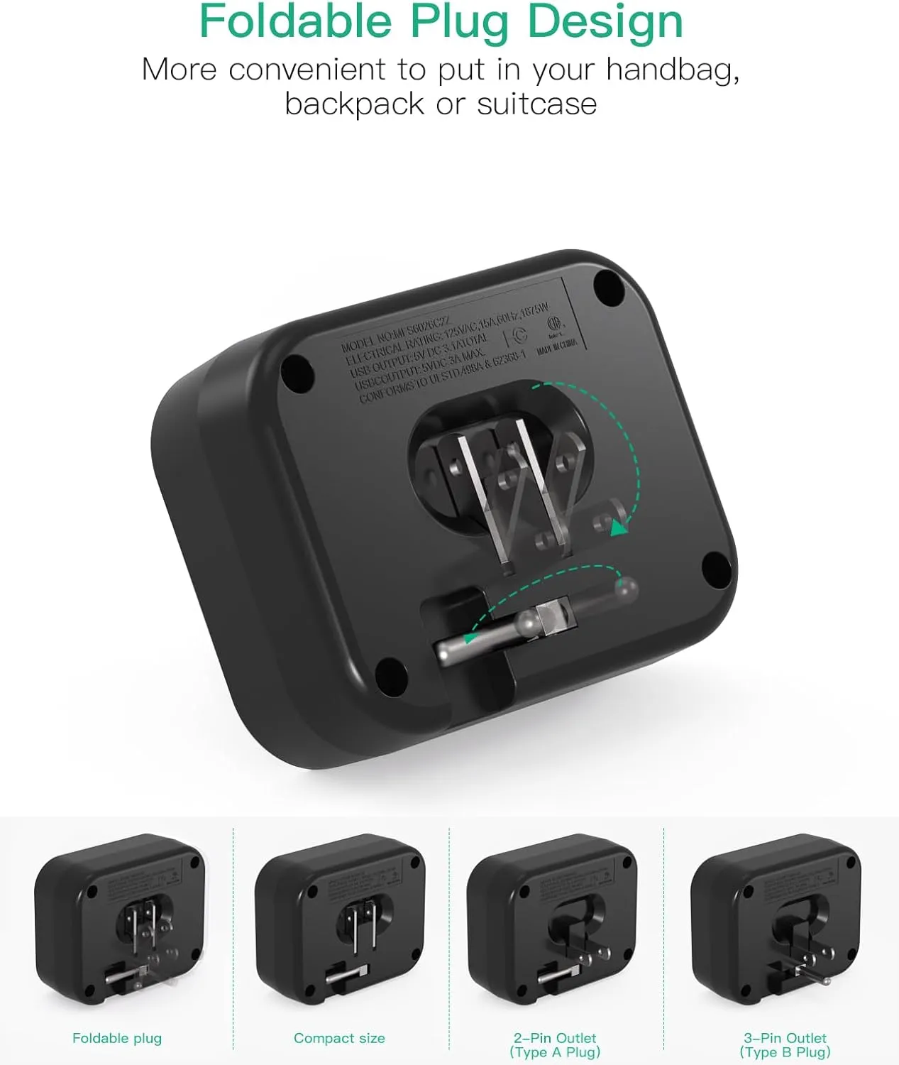 2 PACK Cruise Ship Essentials, Cruise Power Strip with Foldable Plug, Travel Essentials with USB C, Outlet Extender No Surge Protector, Multi Plug Wall Outlet, Outlet Adapter Japan Plug Adapter, Black