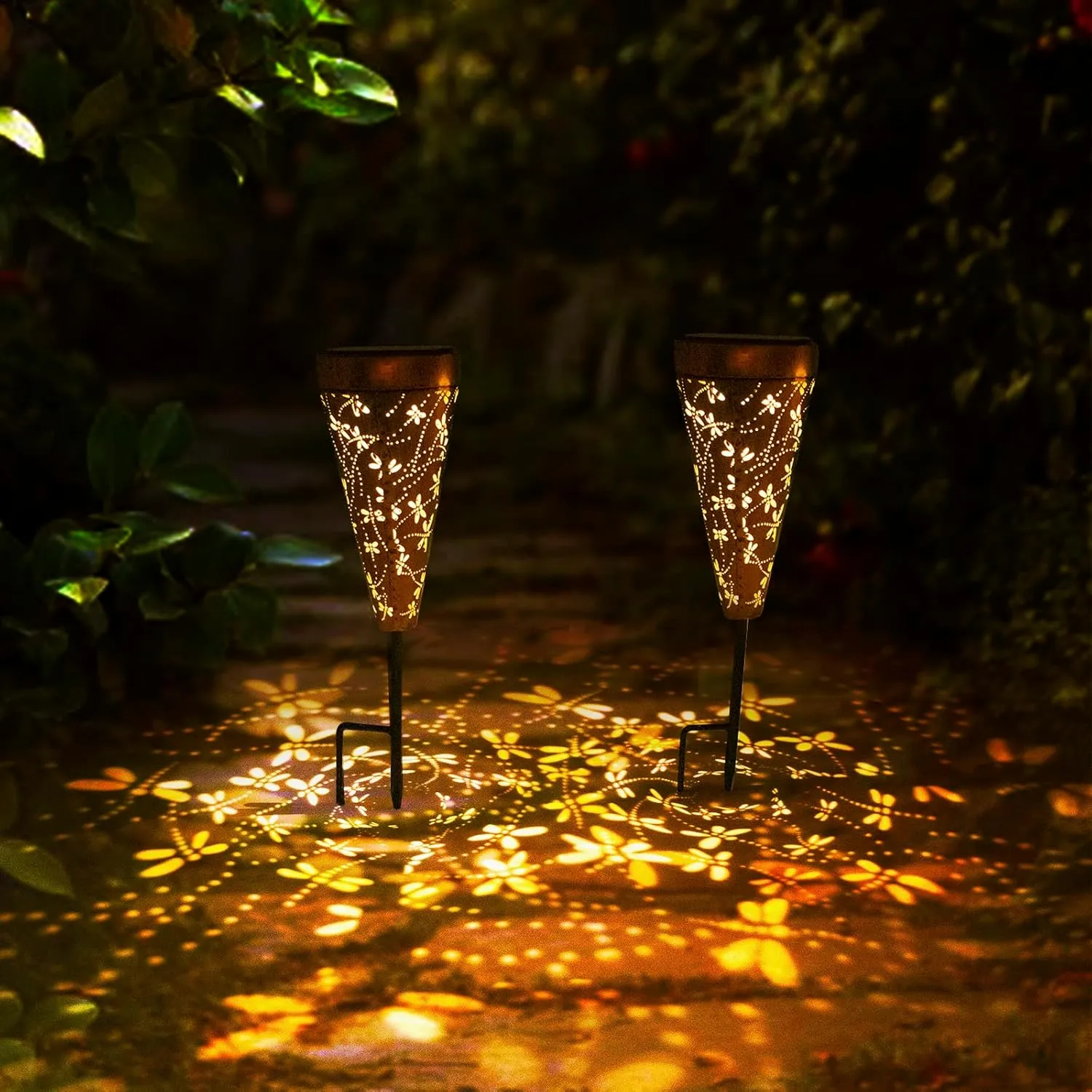 2 Pack DIBIEECN Dragonfly Solar Pathway Lights Outdoor,Metal Garden Decorations Outdoor Lights with Patterns and Warm Light,Waterproof Landscape Lighting for Path Patio Backyard Walkway Yard