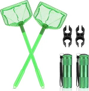 2 Pack Ghost Crabbing Kit, Kids Crab Nets with Green Flashlights Beach Toy Set for Ghost Crabbing, Fishing, Bug Butterfly Insect Catching