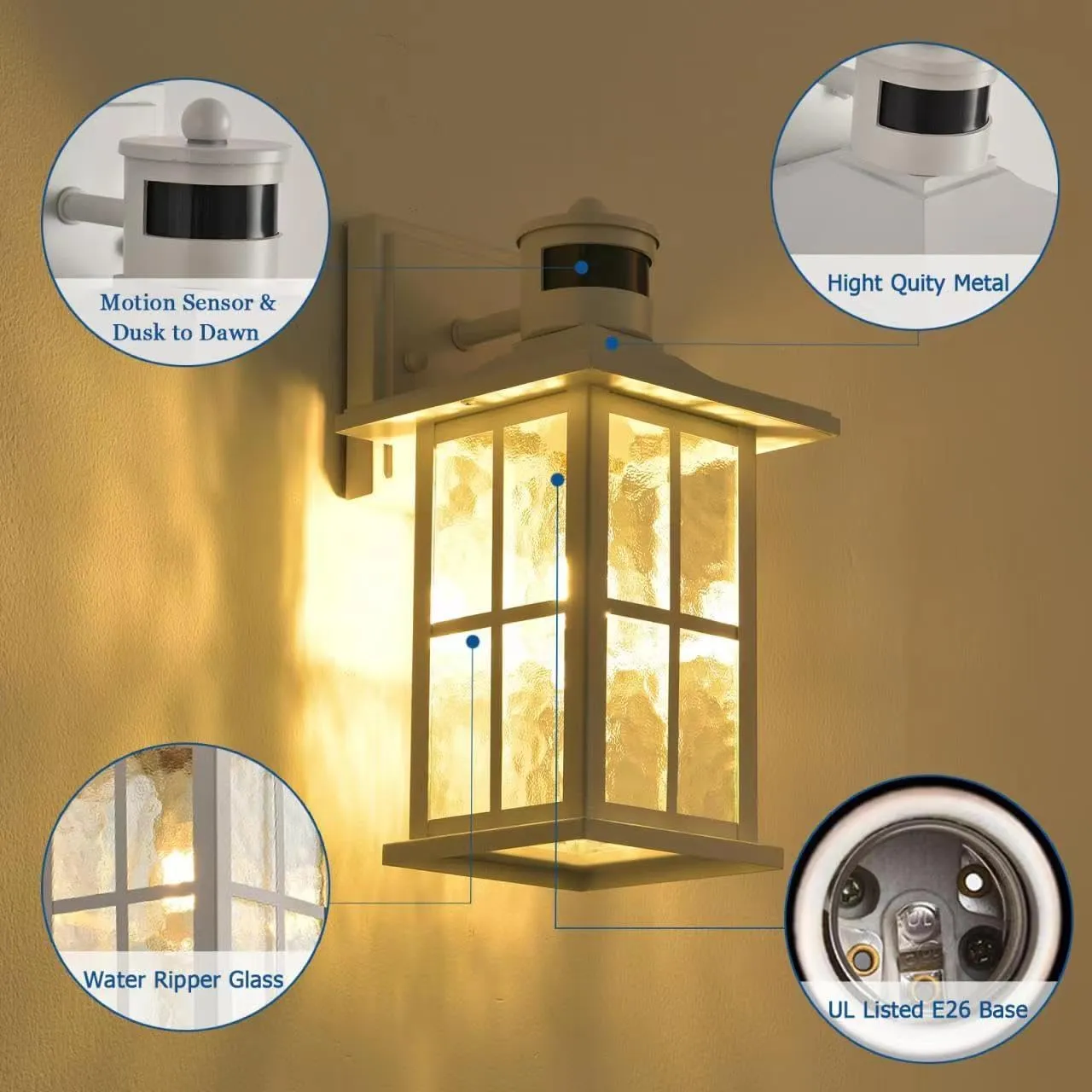 2 Pack Motion Sensor Porch Lights Dusk to Dawn Outdoor Wall Lantern White Exterior Sconce Lighting Fixtures Waterproof Outside Garage Lamp Wall Mount for House Patio Front Door