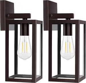 2-Pack Outdoor Wall Light Fixtures, Brown Waterproof Anti-Rust Exterior Wall Sconce Lantern with Clear Glass, Modern Outside Front Porch Lights for House Garage Doorway, Bulbs Not Included