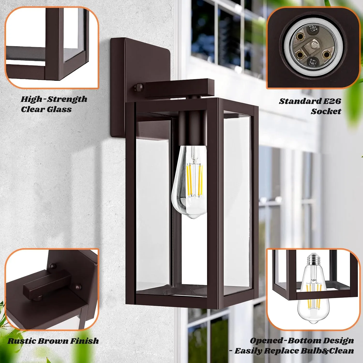 2-Pack Outdoor Wall Light Fixtures, Brown Waterproof Anti-Rust Exterior Wall Sconce Lantern with Clear Glass, Modern Outside Front Porch Lights for House Garage Doorway, Bulbs Not Included